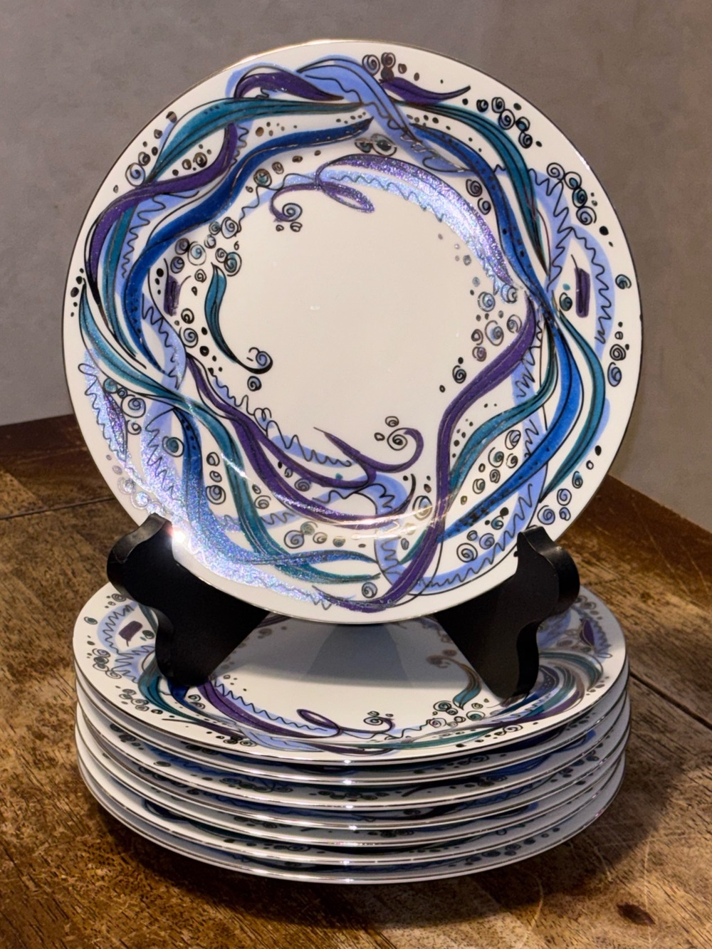 Bob Mackie Iridescent Blue Purple Abstract Porcelain Salad Plates Set of 8